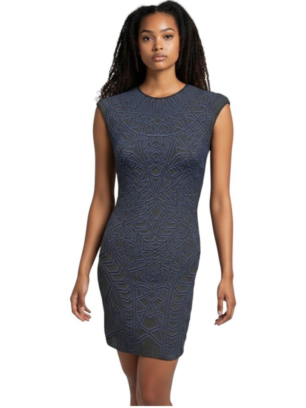 RVN Navy Geometric Jacquard Knit Bodycon Dress Size M
